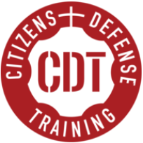 A red and white logo for citizens defense training.